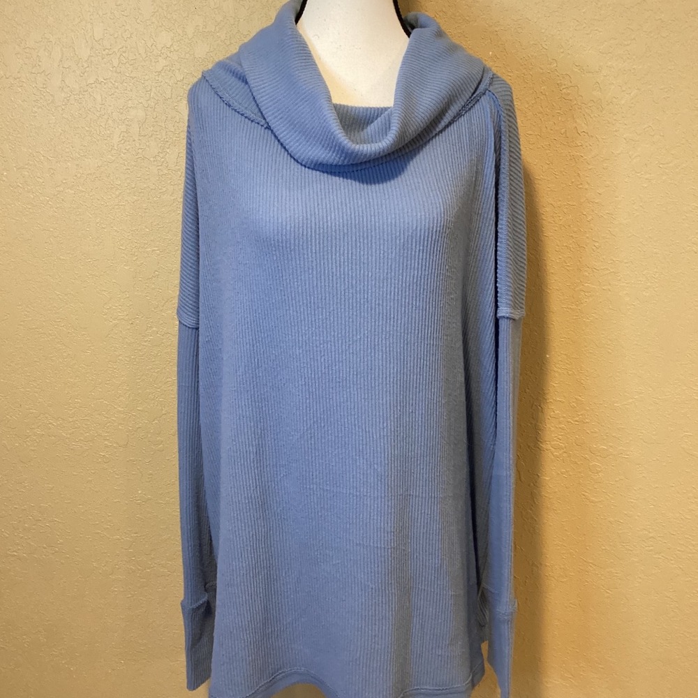 Free People Juicy Dusty Blue Oversized Ribbed Tunic Sweater Top, Size Medium